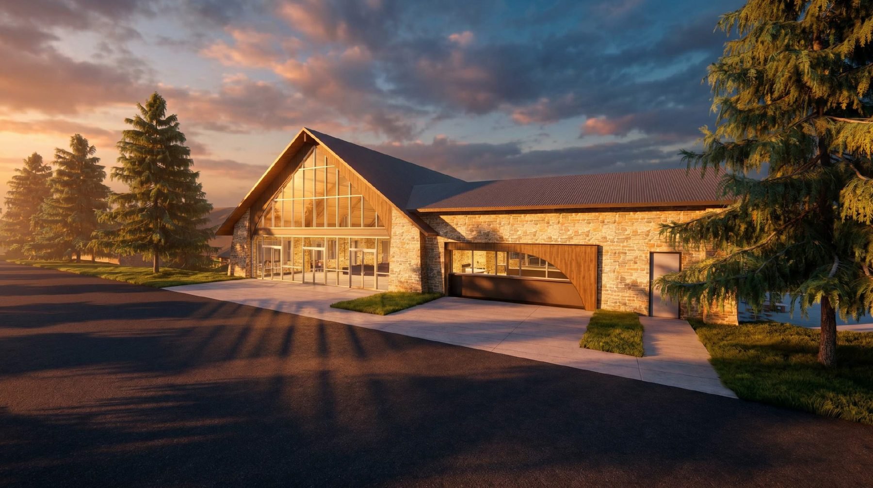 Architectural rendering of the renewed Ark entry at dusk, warm light behind the glazed gable and the stone flank of the building lit gold.