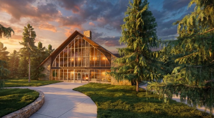 Architectural rendering of the renewed Ark at dusk.