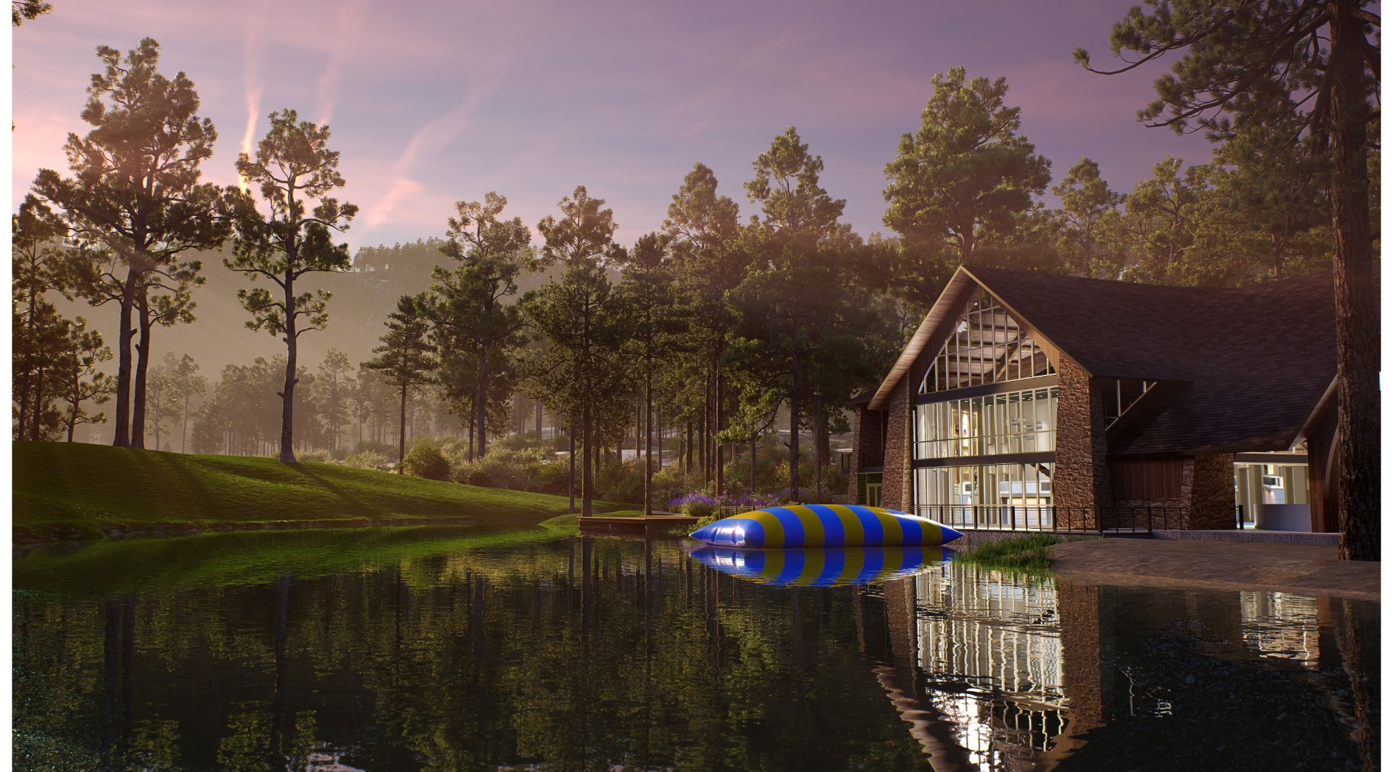 Architectural rendering of the renewed Ark from the plaza: a tall glazed gable between stone piers, with ping-pong and cornhole set out on the concrete and the lake beyond.