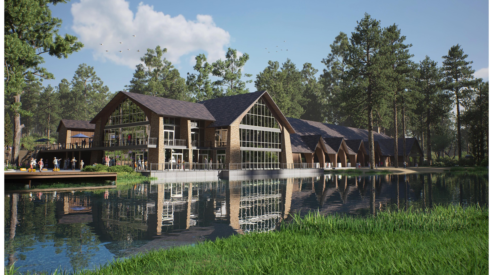 Architectural rendering of the renewed Ark seen across the water, its long roof stepping down into a row of small gables above the shoreline.