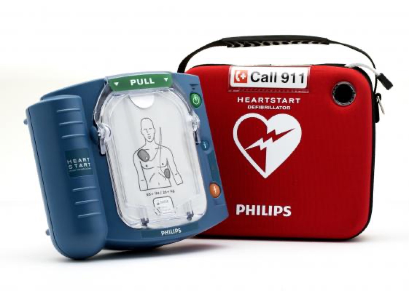 A portable defibrillator in its red case.