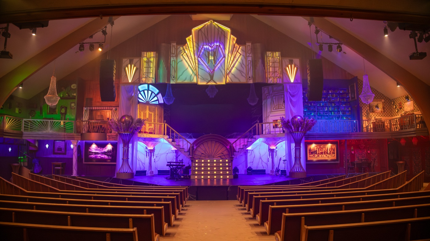 The Ponderosa stage lit in purple and blue for the evening program.
