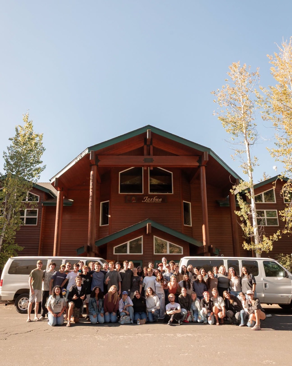 Joshua Wilderness Institute students gathered in front of their lodge.