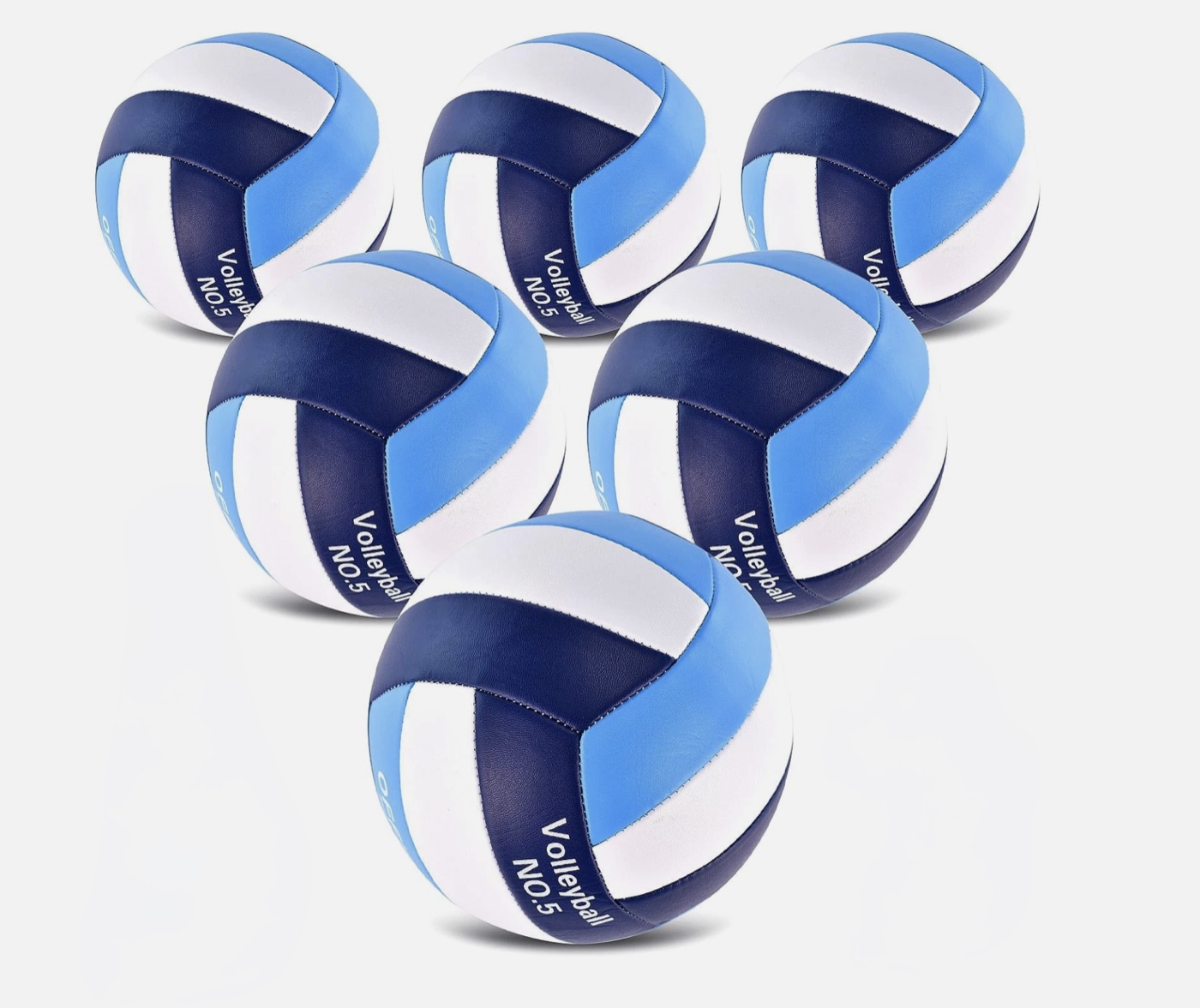 Six blue and white volleyballs arranged in a pyramid on a light background.