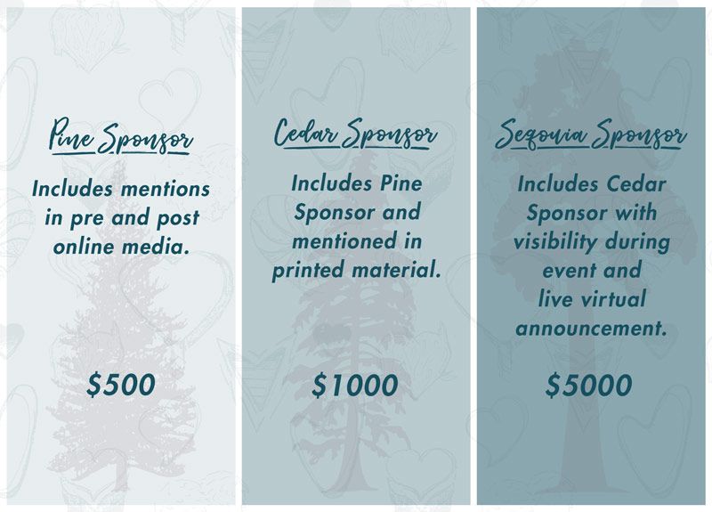 Pine Sponsor, $500. Cedar Sponsor, $1000. Sequoia Sponsor, $5000.