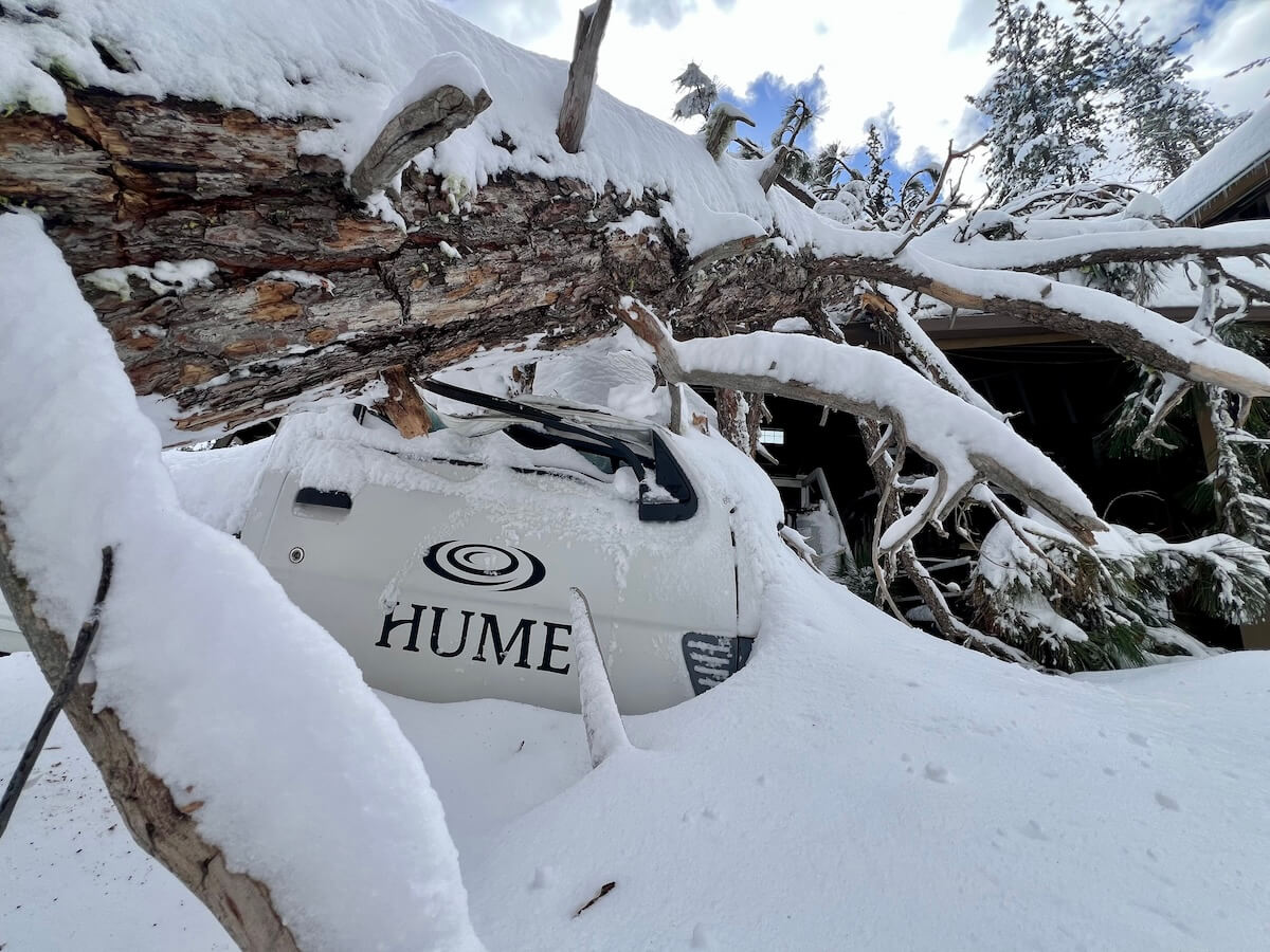 Crushed vehicles and roofs at the Wagon Train Pavillion.